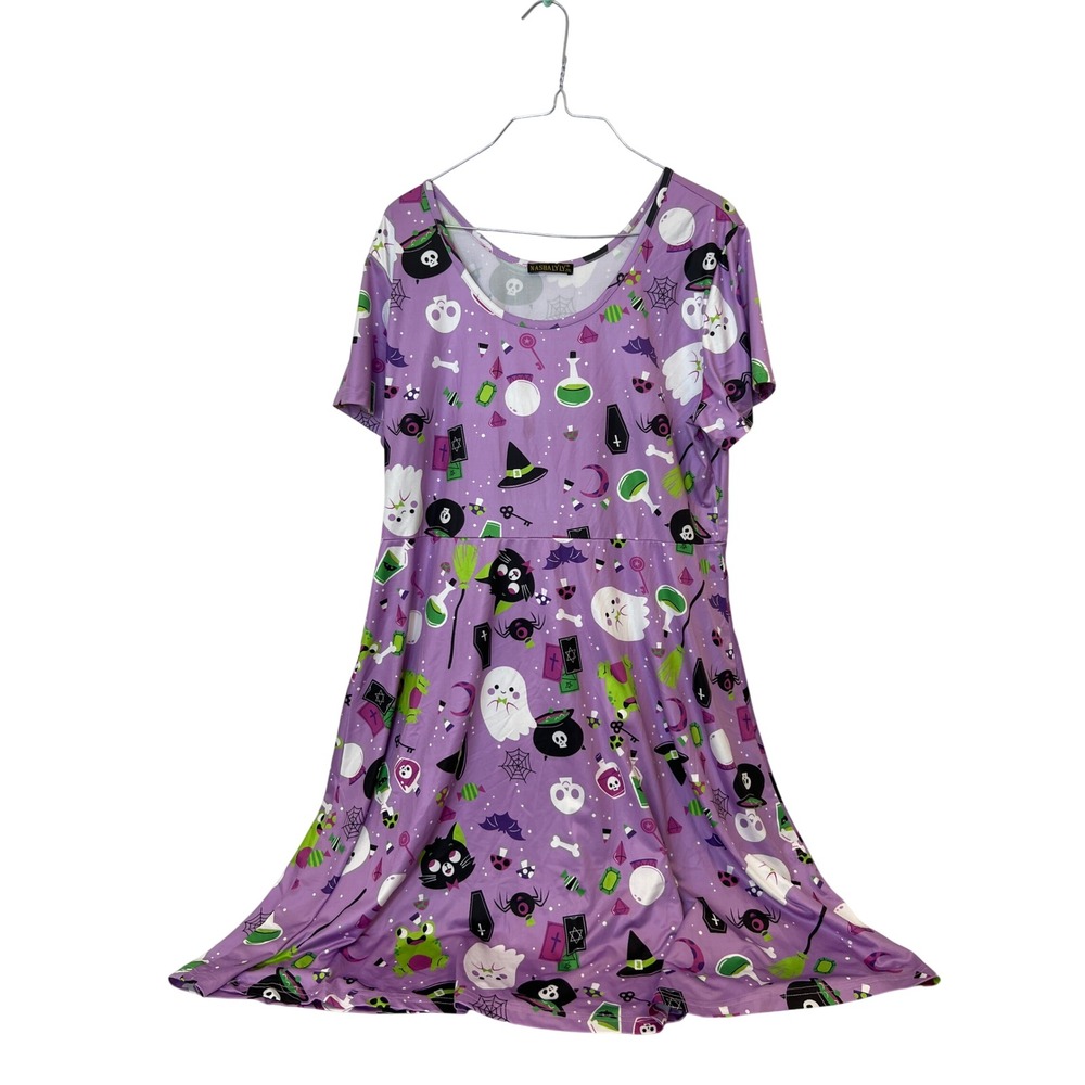 Halloween Dress Womens 2XL Purple Spooky Ghost Fit Flare Spandex Witch Potion